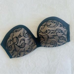 NWOT Strapless Black Lace push up Padded Bra 32DD E cup